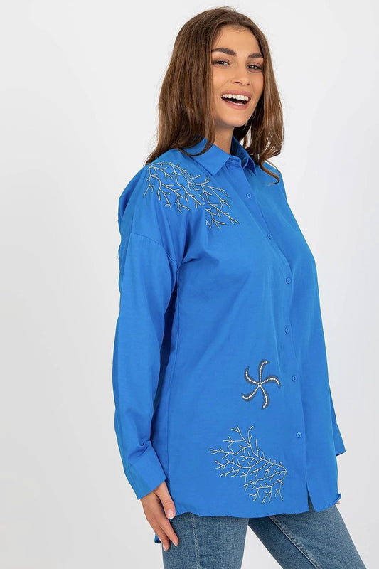 EmbroStyle Women's Long Sleeve Embroidered Buttoned Shirt - Loose Fit Cotton Blend Design by Factory Price