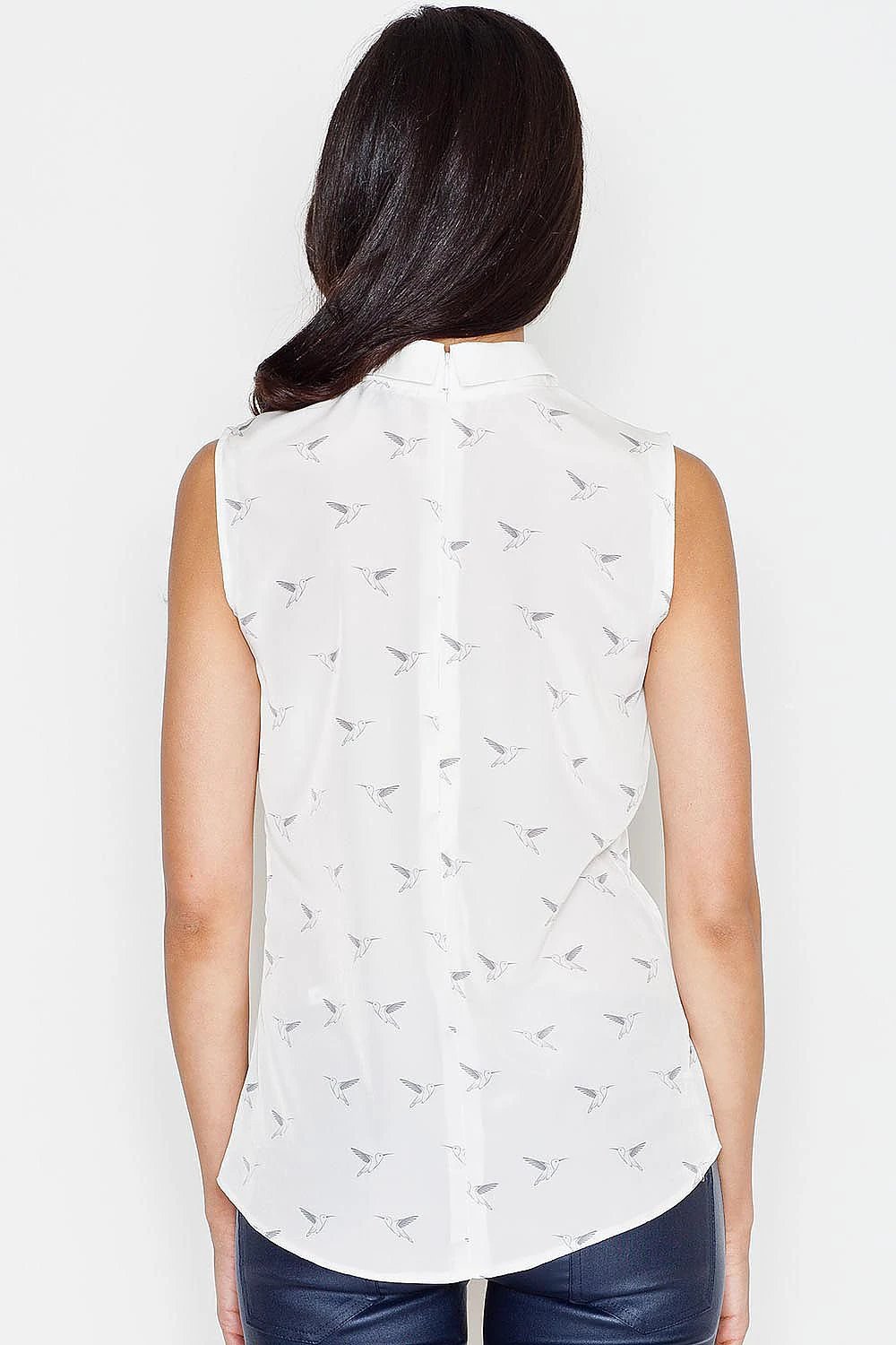 Figl Model 43718 Elegant Women's Sleeveless Blouse - With Collar and Fancy Bird Pattern Design by Figl