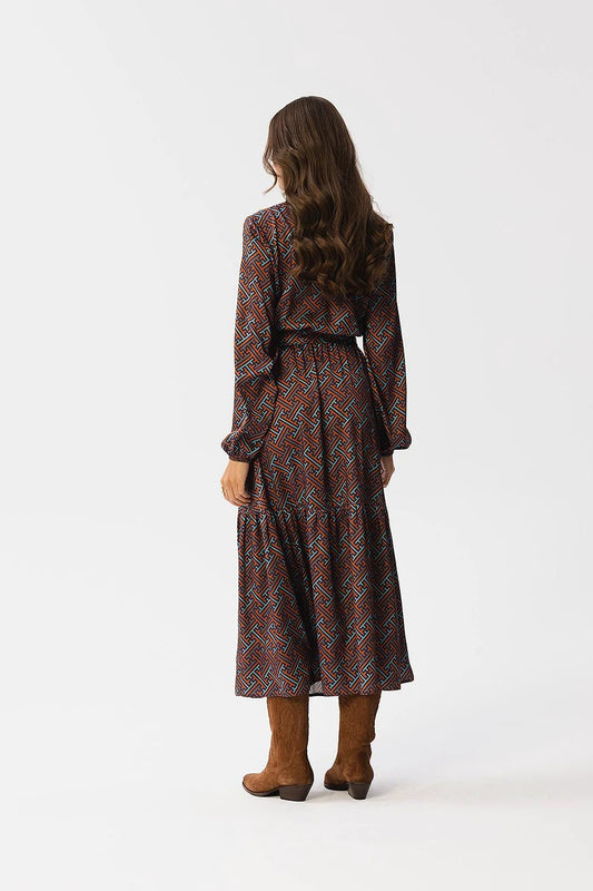 Stylove Daydress - Elegant Geometric Pattern Maxi Dress with V-Neck and Comfortable Elastic Waistband for Women by Stylove