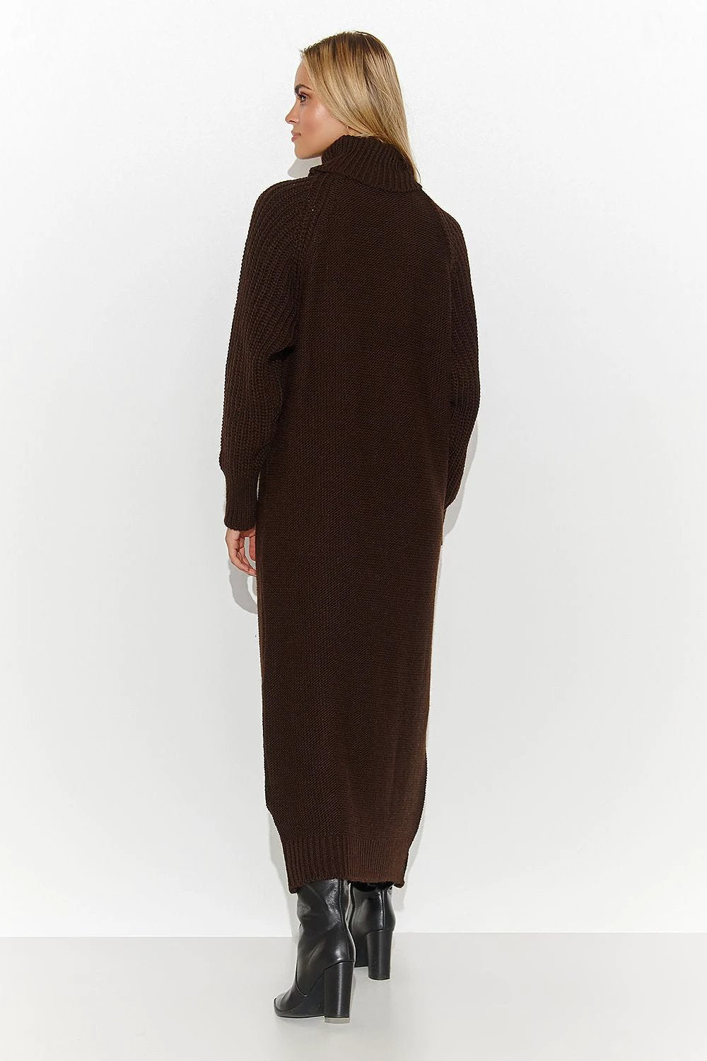 Makadamia Brown Knee-Length Daydress - Cozy Sweater with Turtleneck and Long Sleeves for Women by Makadamia