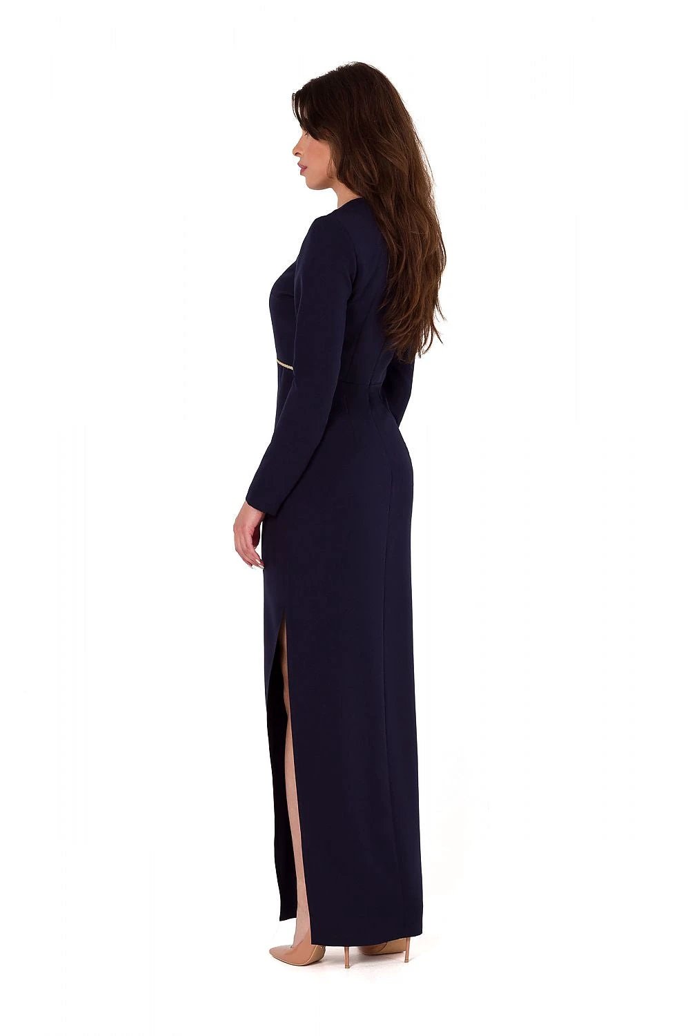 Makover Evening Dress - Elegant Asymmetrical Navy Blue Maxi with Braided Ribbon and Long Sleeves by Makover