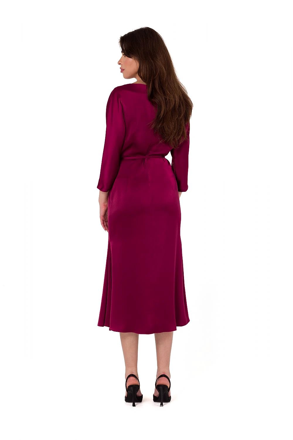 Makover Evening Dress - Elegant Satin Midi With Kimono Sleeves And Belted Waist For Comfortable Elegance by Makover