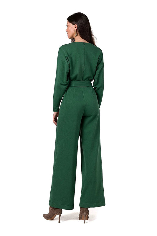 BeWear Knit Jumpsuit with Belt V Neck Pleated Tie Detail - Soft Stretchy Fabric for Ultimate Comfort by BeWear