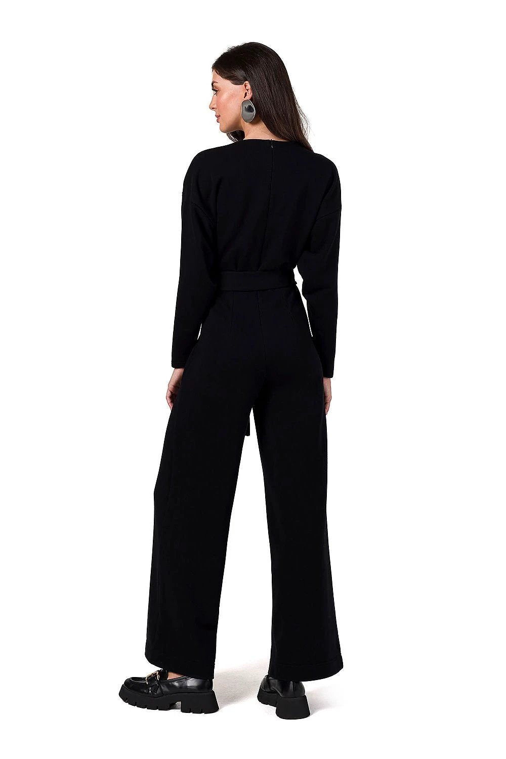 BeWear Knit Jumpsuit with Belt V Neck Pleated Tie Detail - Soft Stretchy Fabric for Ultimate Comfort by BeWear