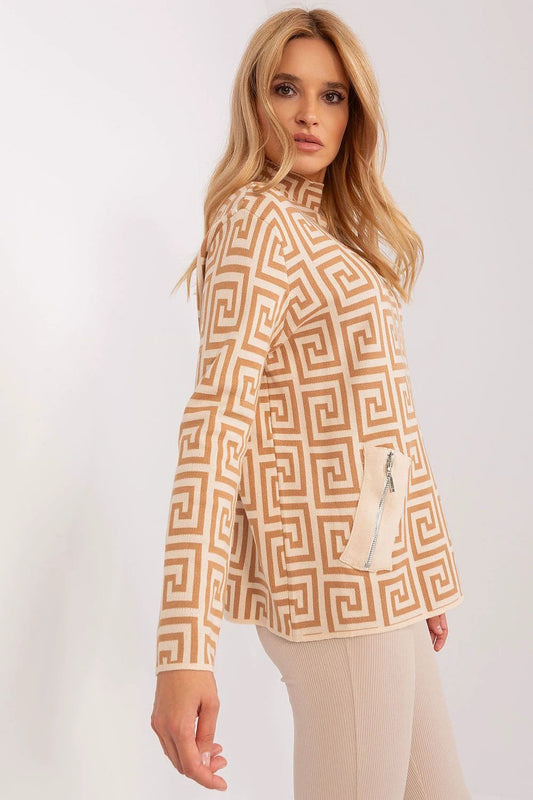 Women's Geometric Pattern Jumper Sweater With Turtleneck by AT