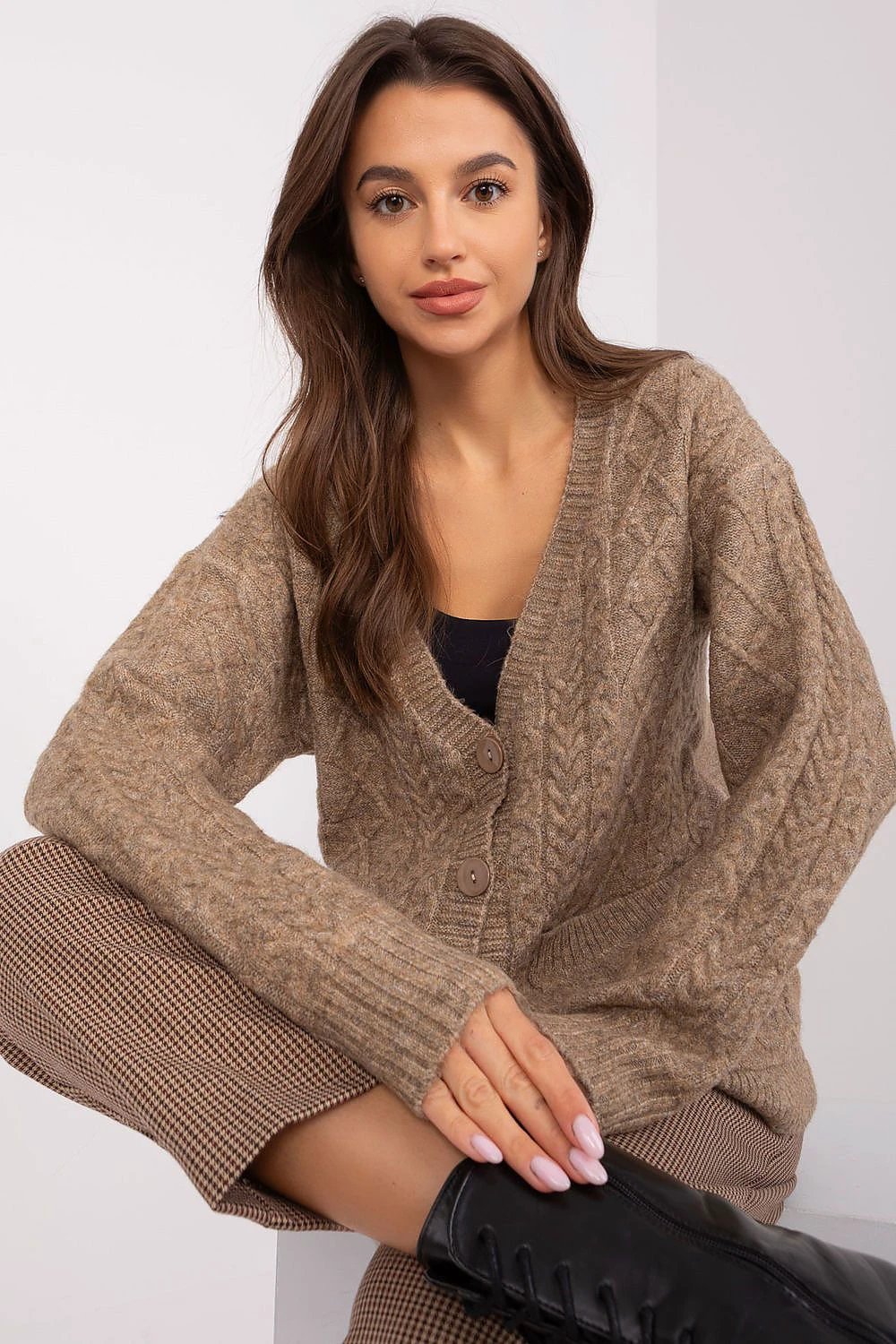 Women Cardigan With Variegated Knit And V Neck Design by AT