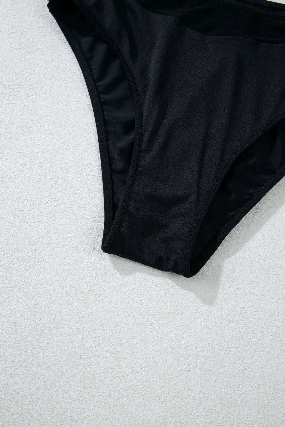 Sheer Mesh Edged Halter V Neck Push Up Bikini Set by Trendsi