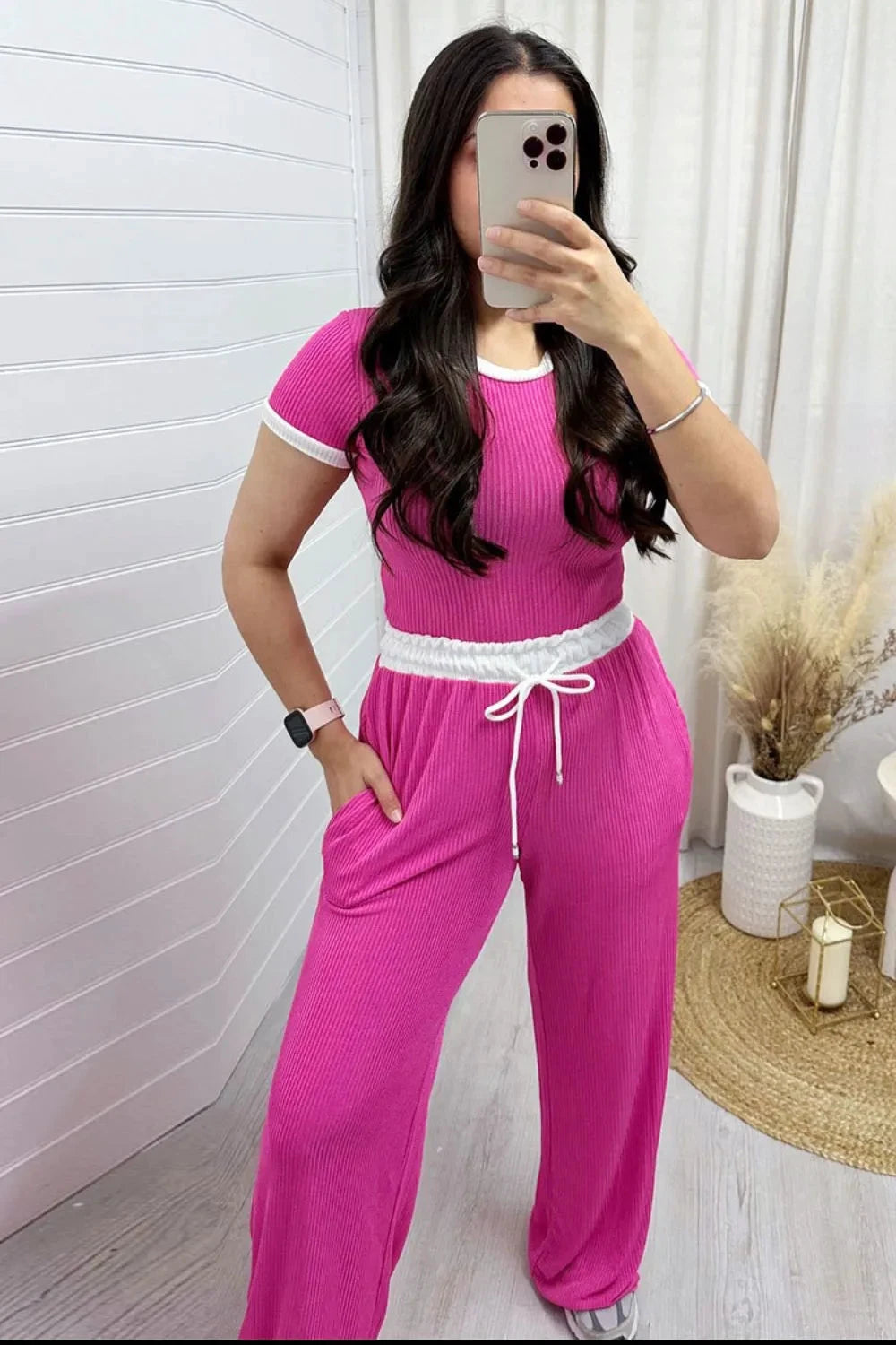 Contrast Trim Round Neck Top and Pants Set by Trendsi