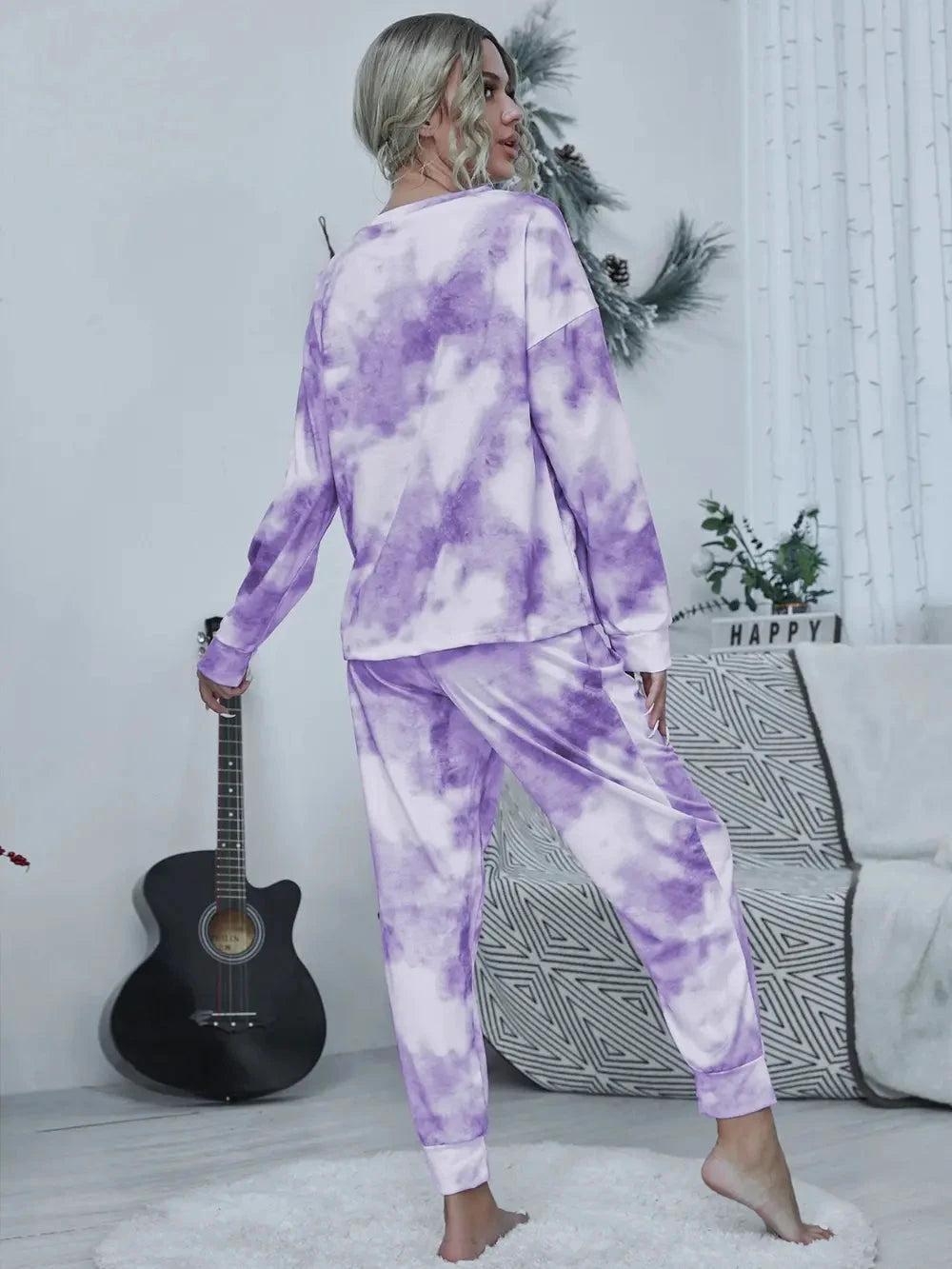 Shiny Tie-dye Round Neck Top and Drawstring Pants Lounge Set by Trendsi