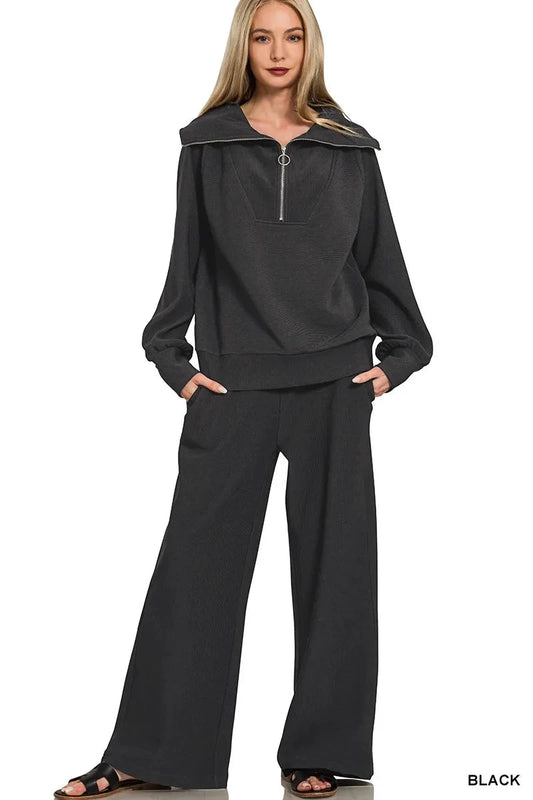 Zenana Ribbed High Neck Half Zip Pullover & Pants Set by Trendsi