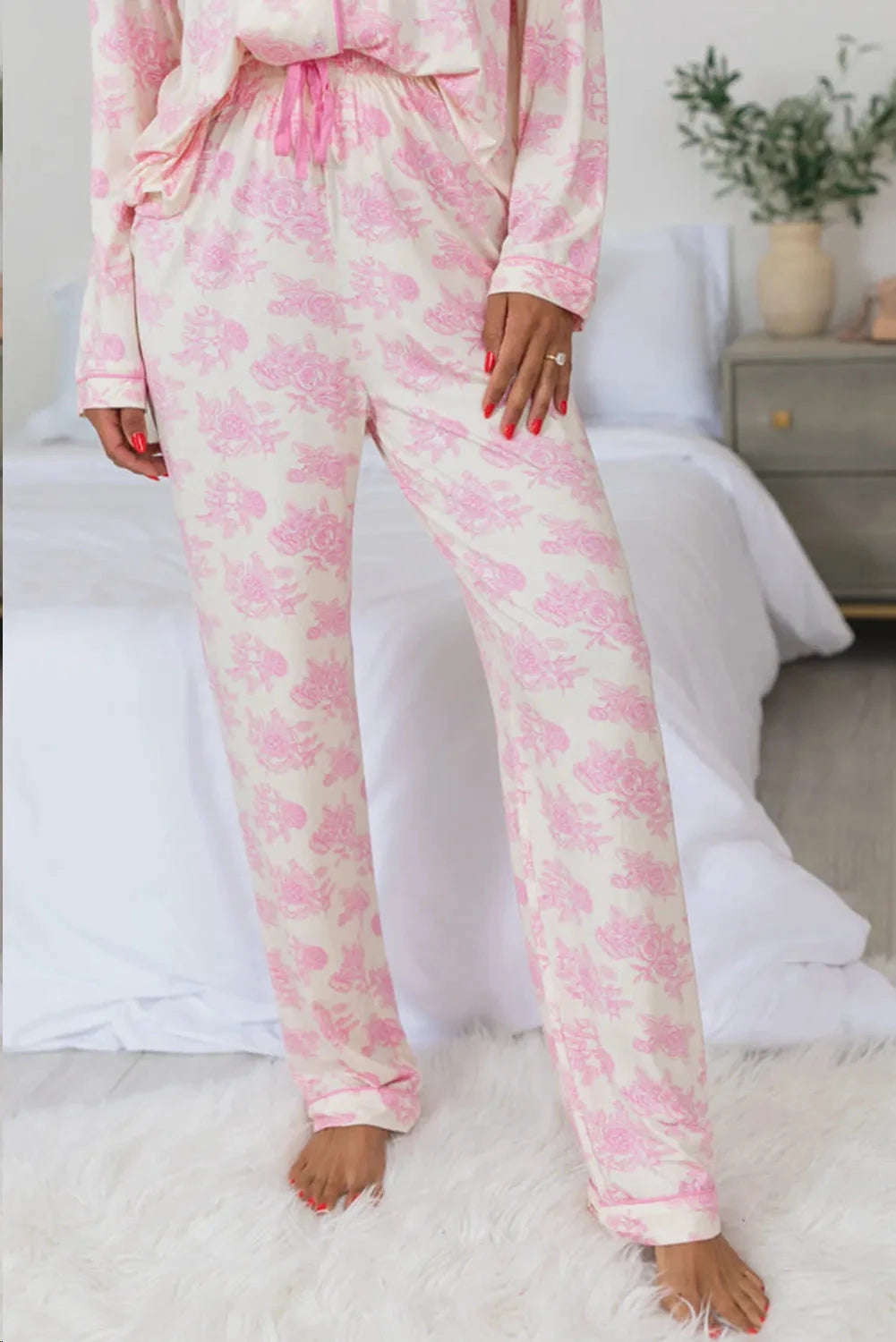 Printed Button Up Long Sleeve Top and Pants Lounge Set by Trendsi