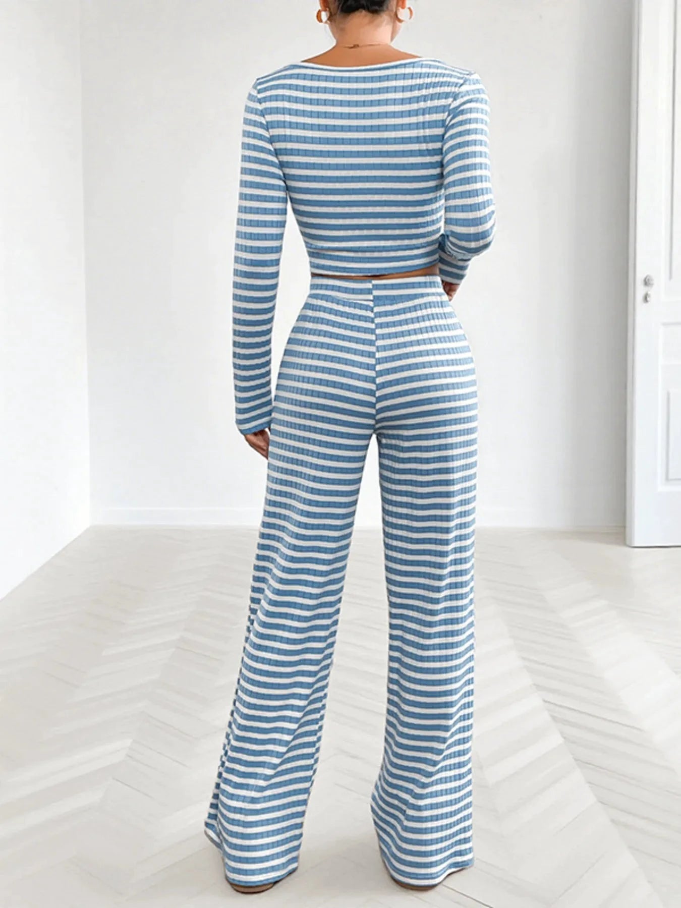 Striped Square Neck Long Sleeve Top and Pants Lounge Set by Trendsi