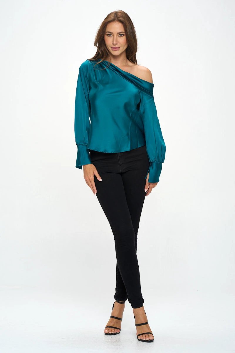 Dropped Shoulder Long Sleeve Satin Top by Reneecollection