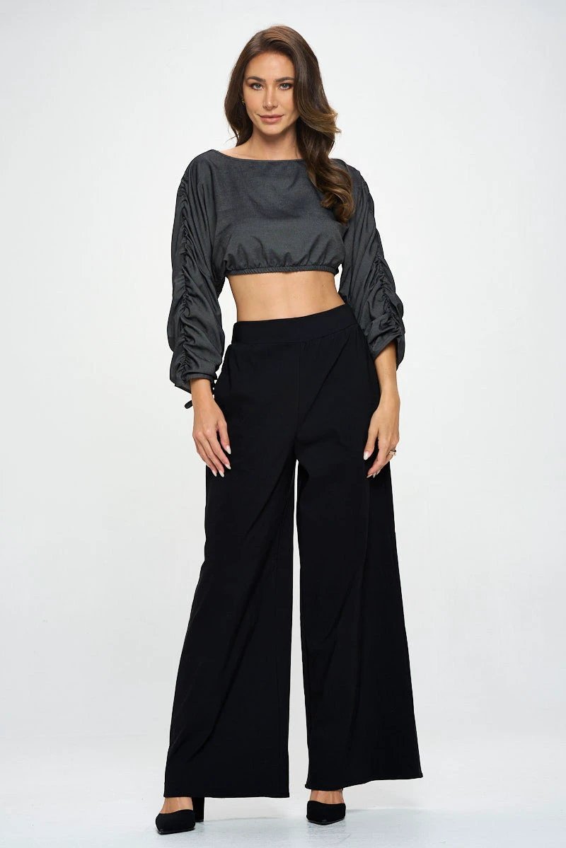 Solid Tencel Crop Top with Adjustable Sleeve and Tie by Reneecollection