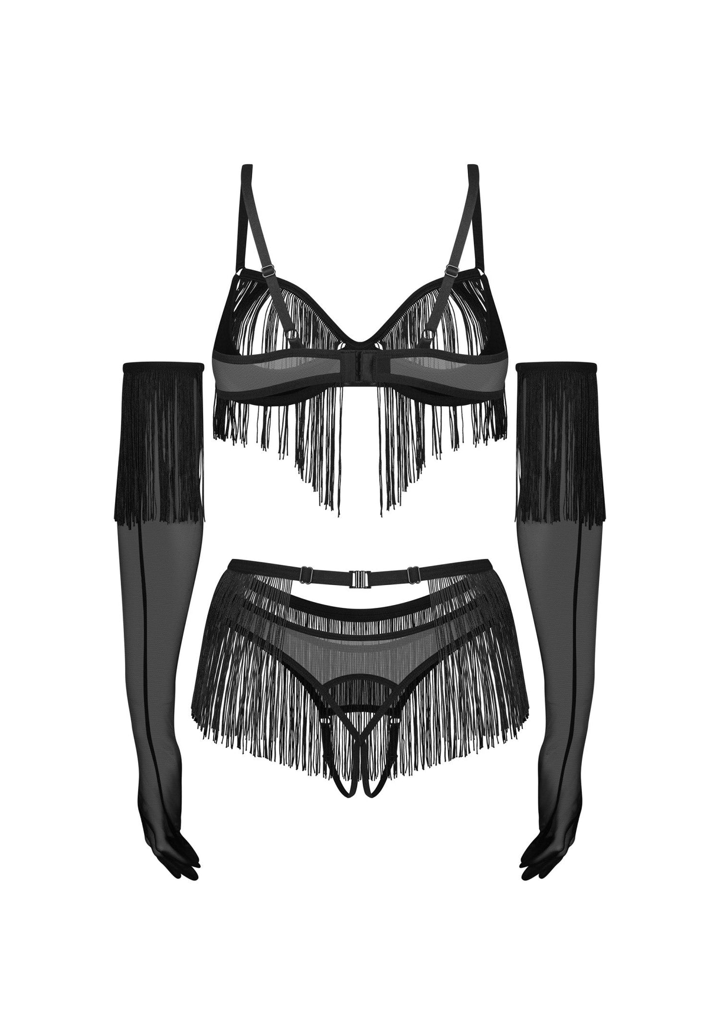 Obsessive Midnight Tease Rossay Black Open Cup Bra Crotchless Panties 4-pcs Set