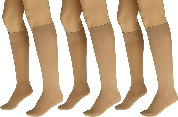 3 Pairs Women's Massage Nylon Sheer Knee High Stockings with Reinforced Toe – 70 Denier by AWS/American Made