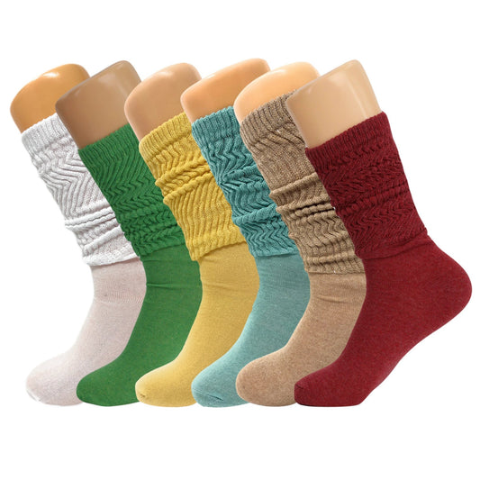 Women’s Slouch Socks 6 Pairs Cotton Scrunch Knee-High Shoe Size 5-10 by AWS/American Made