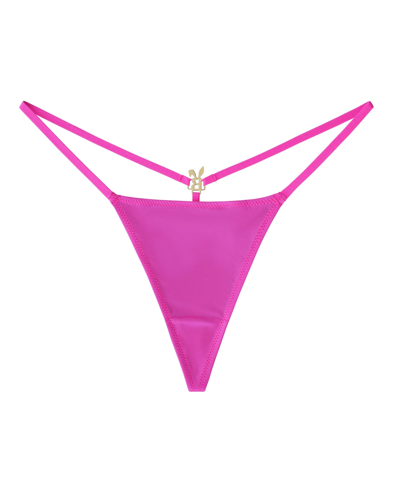 Bright pink triangle bikini top with gold bunny logo clasp and slender straps.