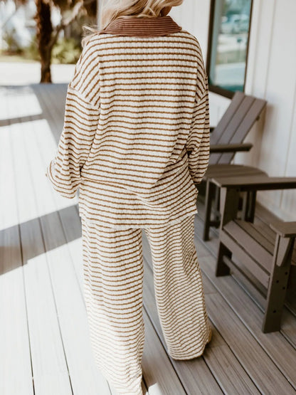 Stripe Collared Top and Drawstring Pant Set by Trendsi