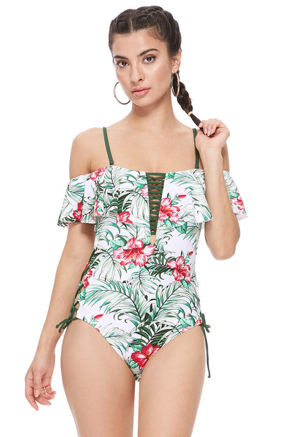 TROPICAL OFF THE SHOULDER ONE PIECE