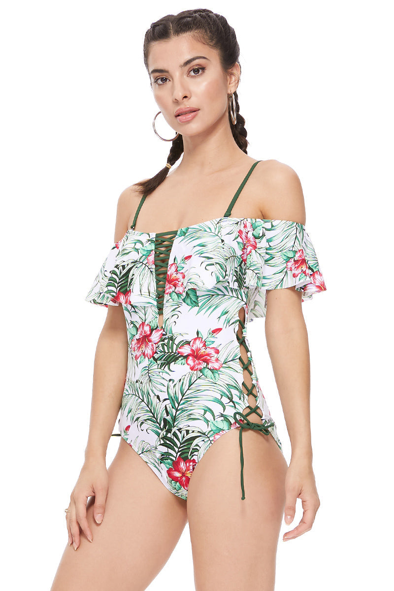 TROPICAL OFF THE SHOULDER ONE PIECE