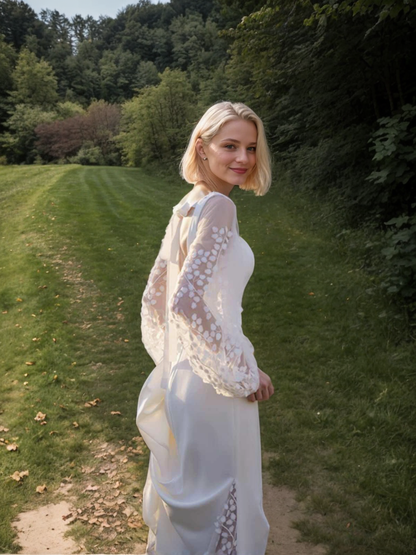 Estelle Promise Square-Neck Embroidered-Sleeve Wedding Dress