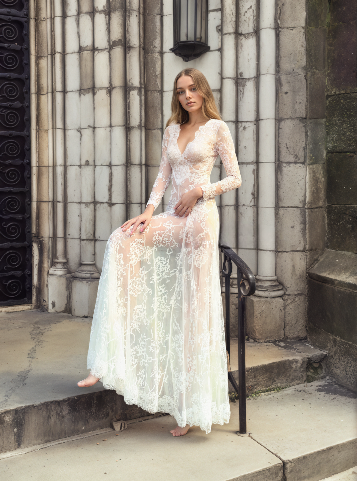 Emilia Tracery Long-Sleeve Floral Lace Bridal Robe