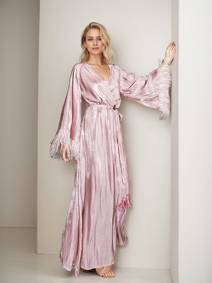 Tassel Nocturne Feather-Cuff Satin Robe