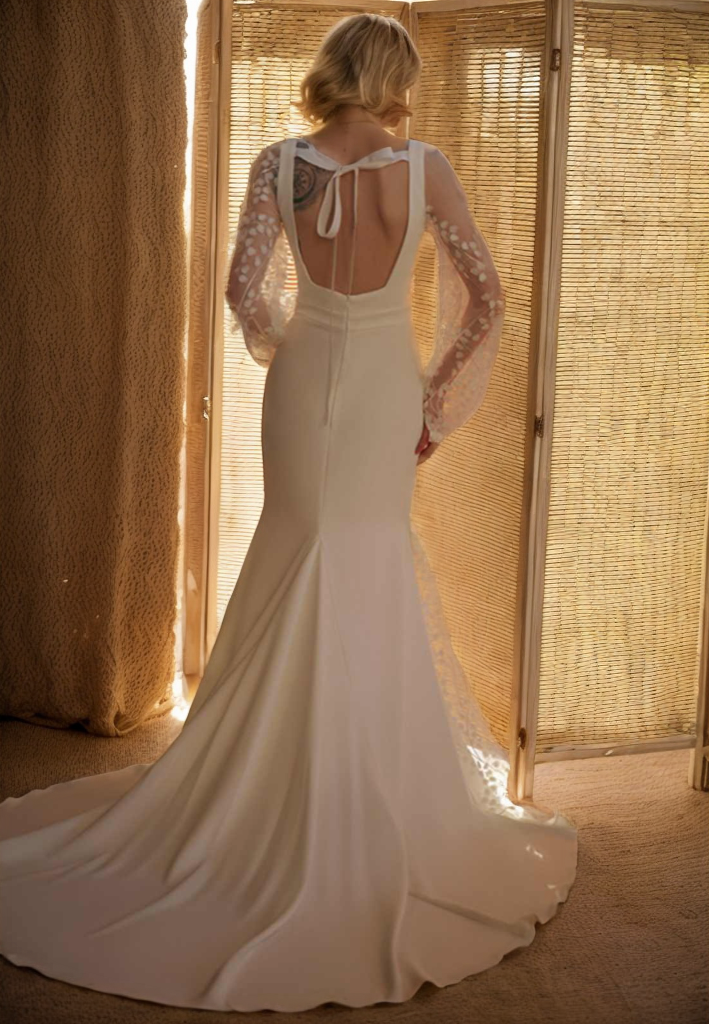 Estelle Promise Square-Neck Embroidered-Sleeve Wedding Dress