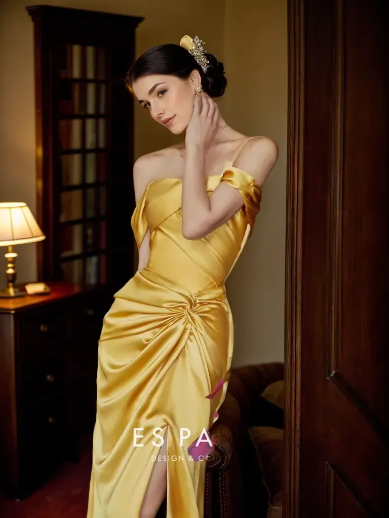 Gilded Interval Off-Shoulder Draped Satin Gown