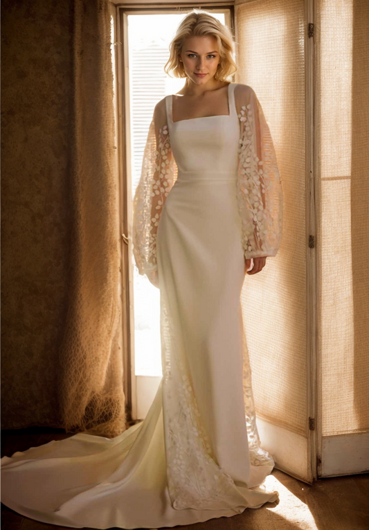 Estelle Promise Square-Neck Embroidered-Sleeve Wedding Dress