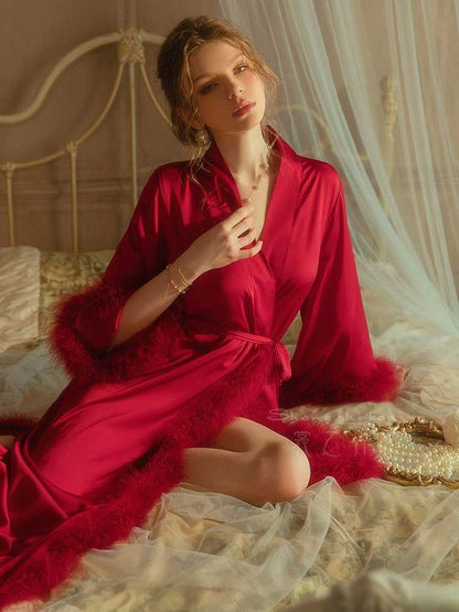Vivian Poise Feather-Trim Satin Robe & Slip Set