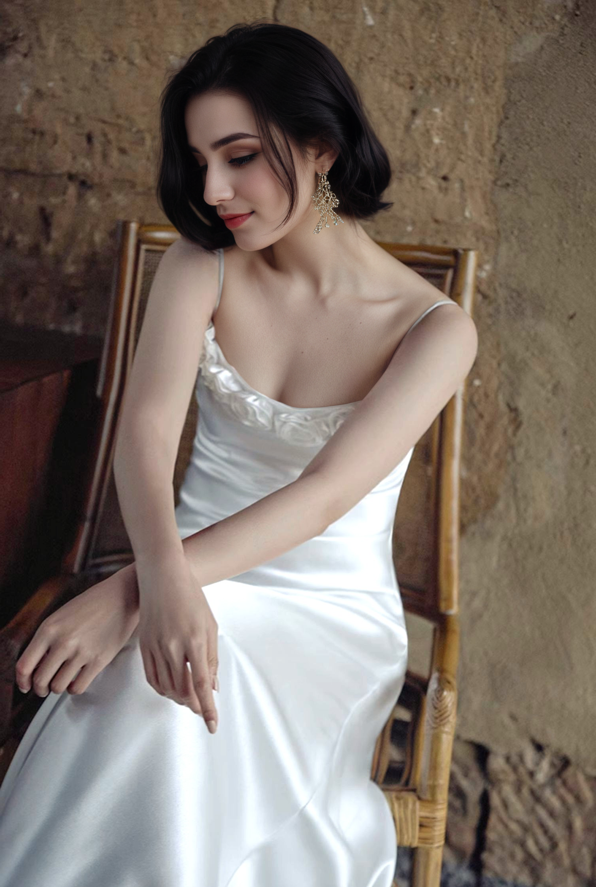 Rosalie Ceremony Rose-Trim Satin Slip Wedding Dress