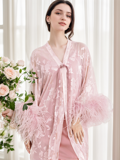 Serenelle Glimmer Sequin Lace Feather-Trim Robe