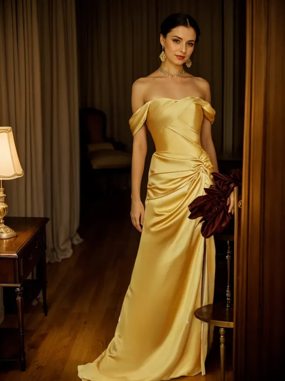 Gilded Interval Off-Shoulder Draped Satin Gown