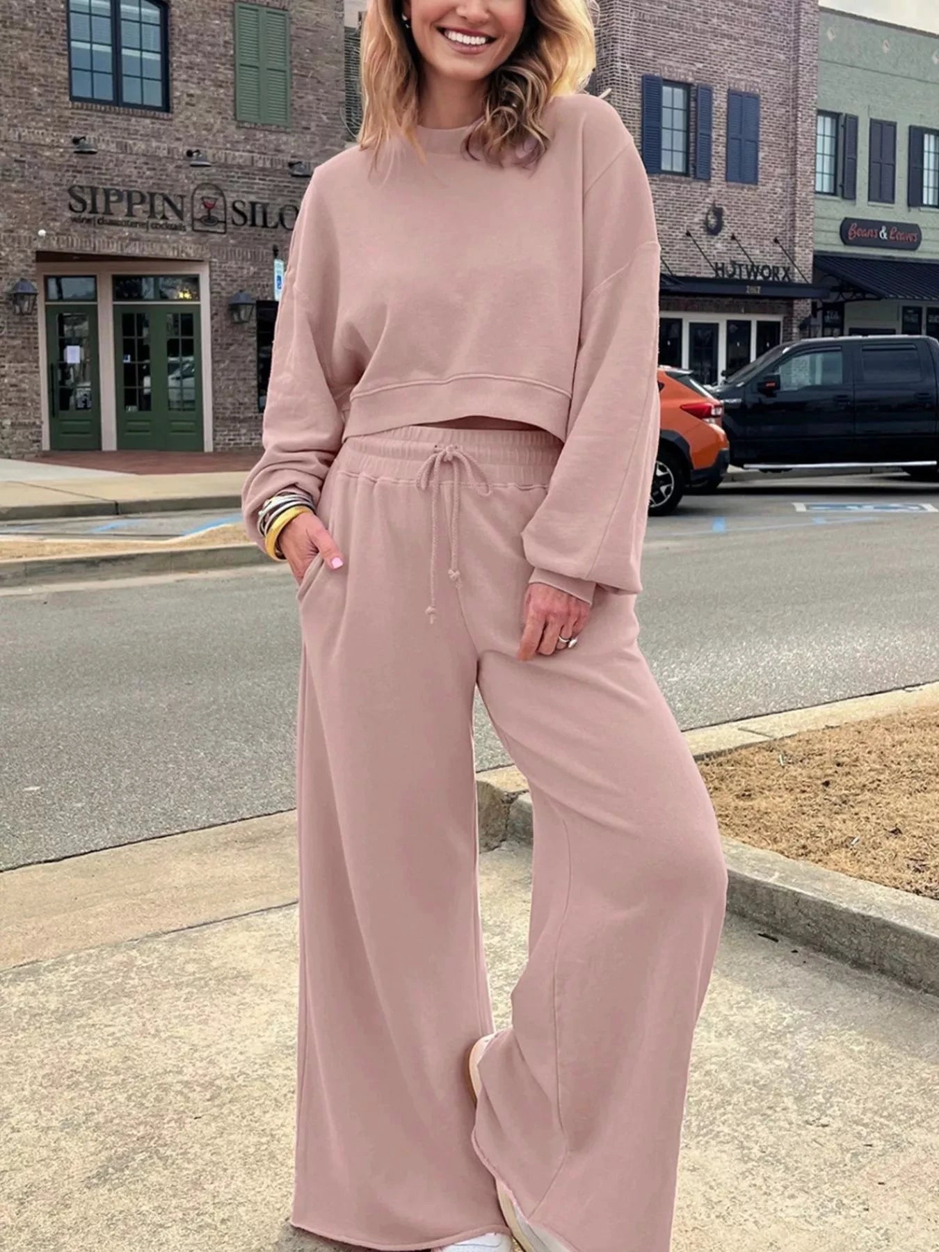 Drop Shoulder Puff Sleeve Crop Top and Drawstring Wide Leg Pants Set by Trendsi