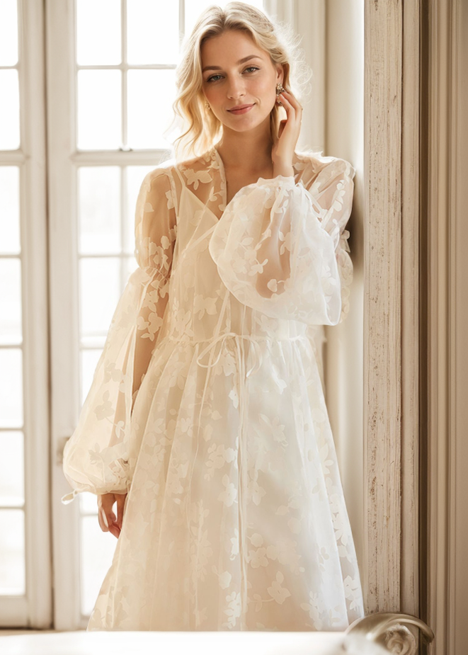 Mirella Heirloom Lace Bishop-Sleeve Bridal Robe