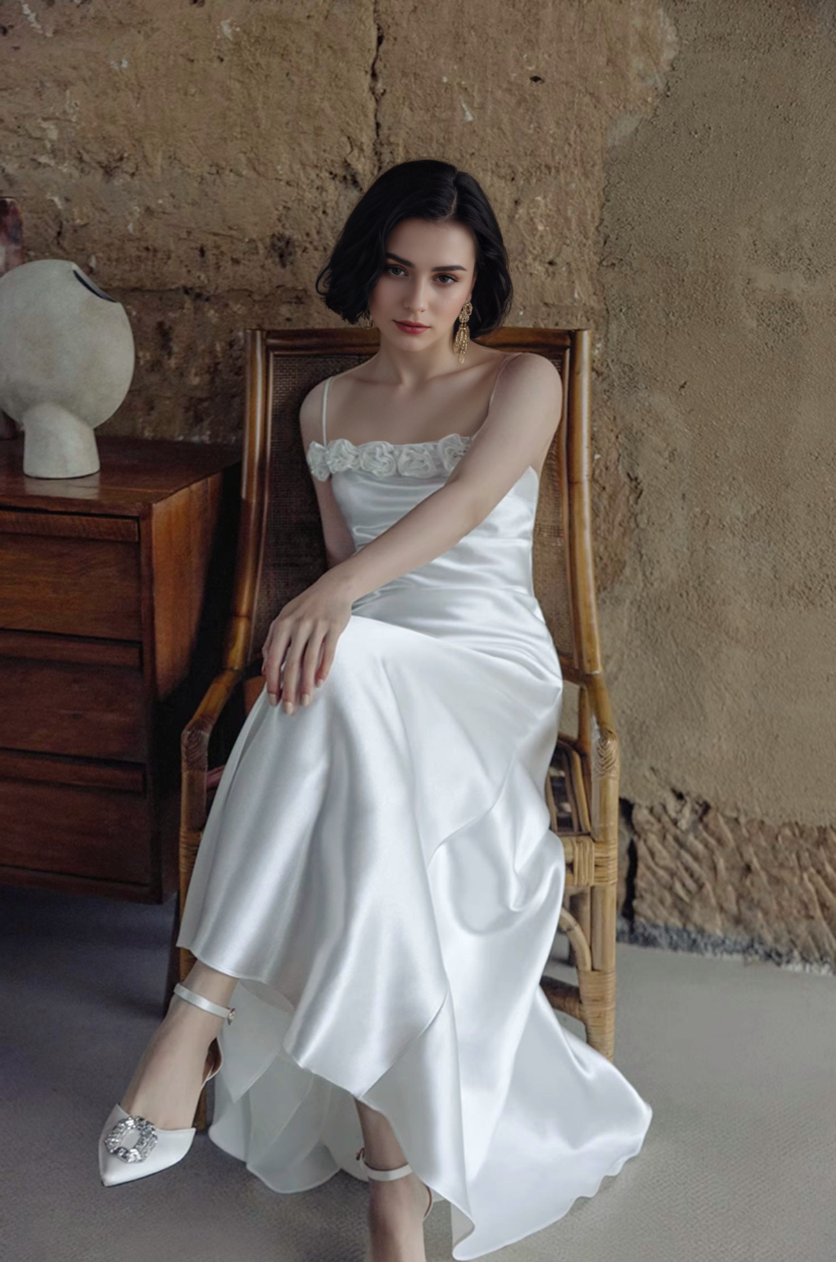 Rosalie Ceremony Rose-Trim Satin Slip Wedding Dress