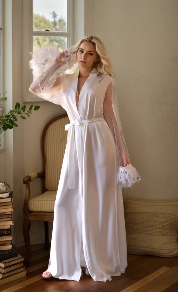 Lace Lantern Feather-Cuff Satin Bridal Robe