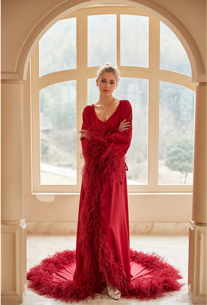 Sabine Plume Long Satin Robe with Train