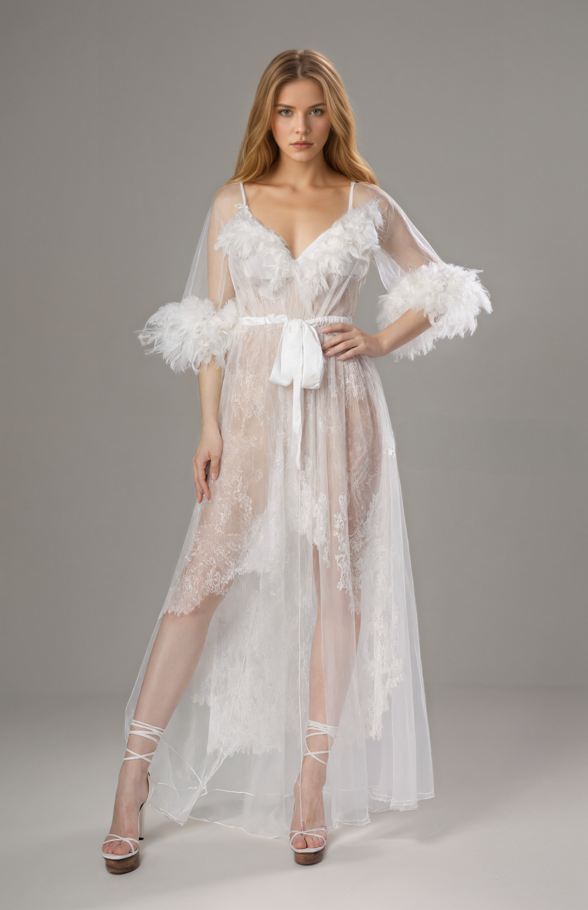 Snowfall Prelude Feather-Trim Lace Robe and Slip Set