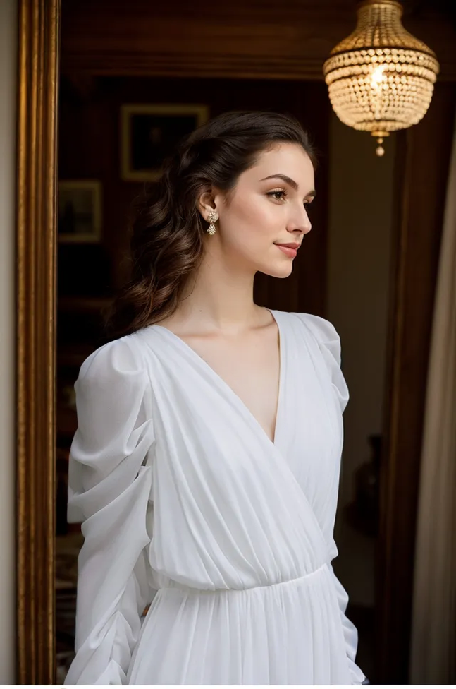 Cecily Vesper Draped-Sleeve Chiffon Wedding Gown