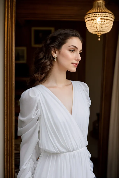 Cecily Vesper Draped-Sleeve Chiffon Wedding Gown