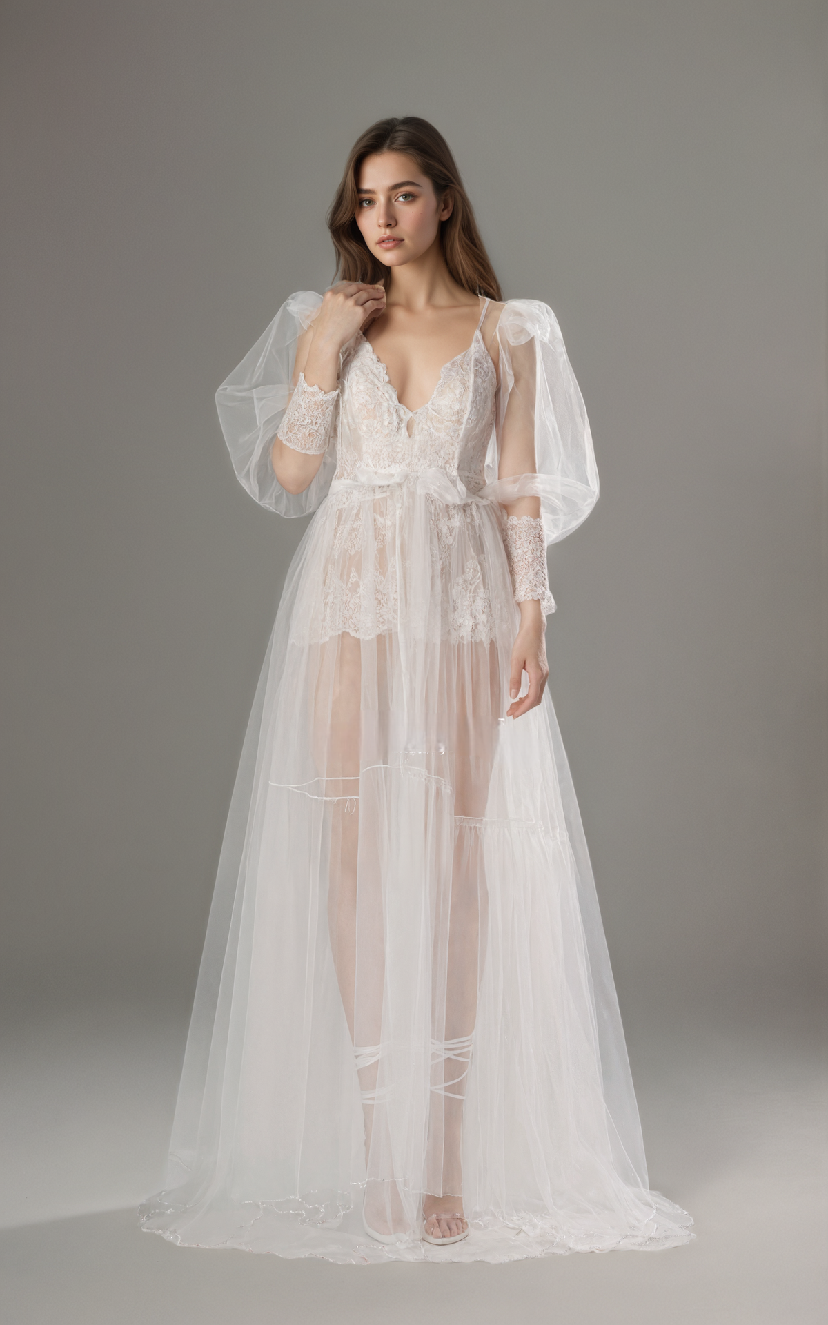 Elowen Veil Lace Puff-Sleeve Long Robe