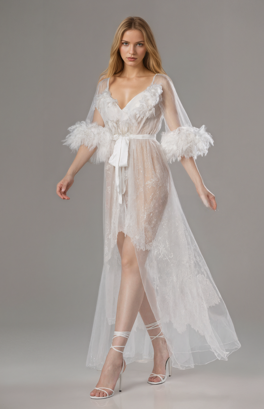 Snowfall Prelude Feather-Trim Lace Robe and Slip Set