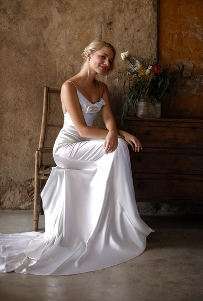 Evelise Promise Draped Cowl-Neck Satin Bridal Gown