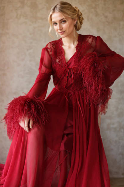 Adela Lace Feather-Trim Sheer Long Robe