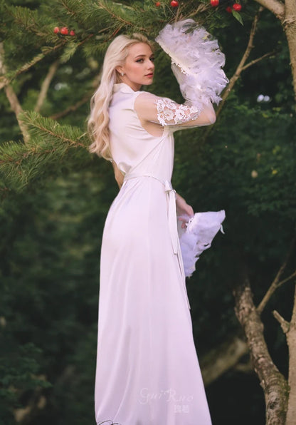 Lace Lantern Feather-Cuff Satin Bridal Robe