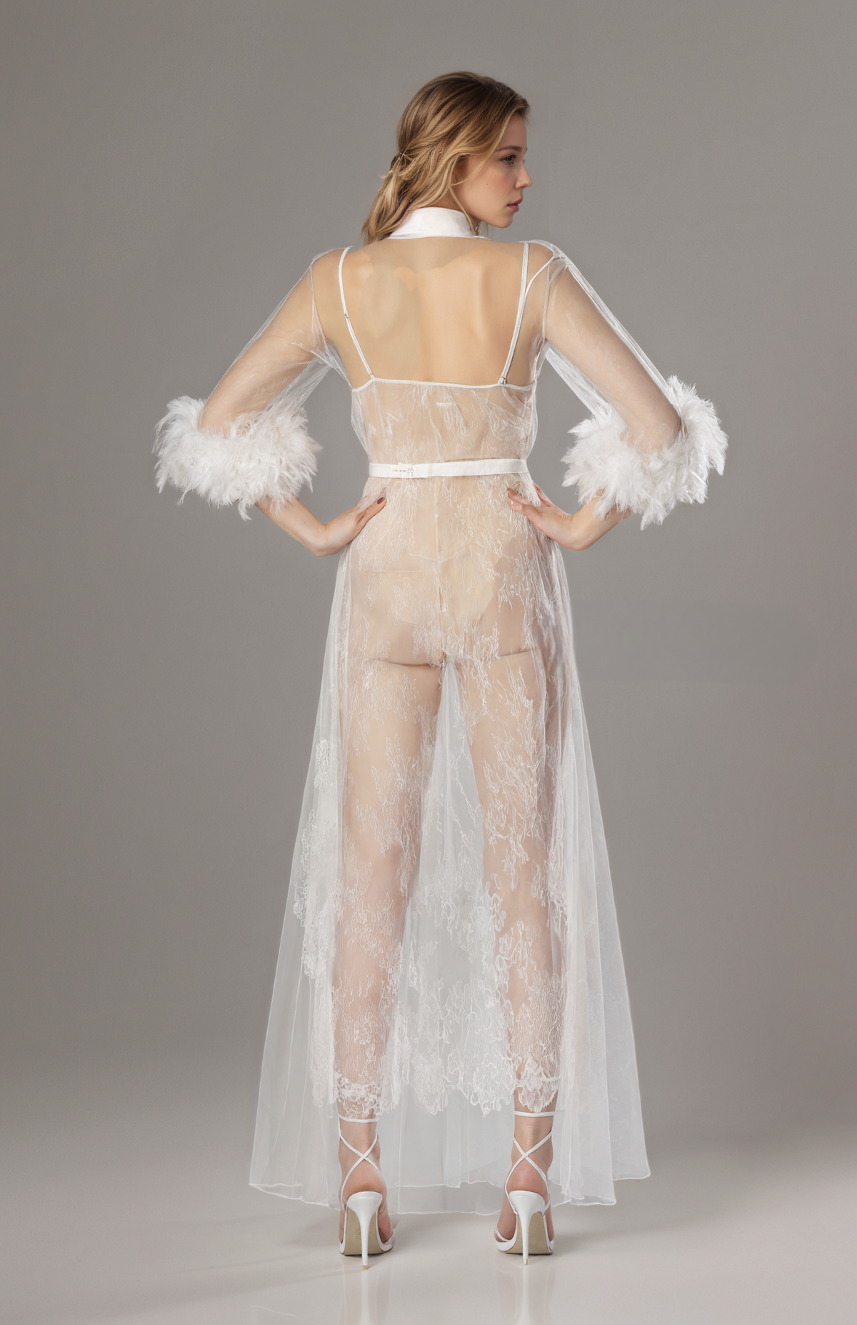 Snowfall Prelude Feather-Trim Lace Robe and Slip Set