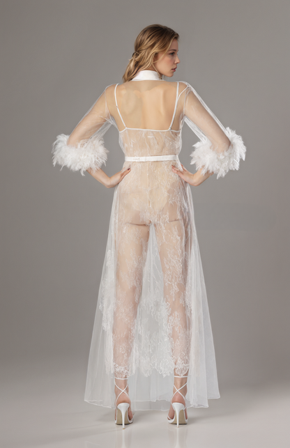 Snowfall Prelude Feather-Trim Lace Robe and Slip Set